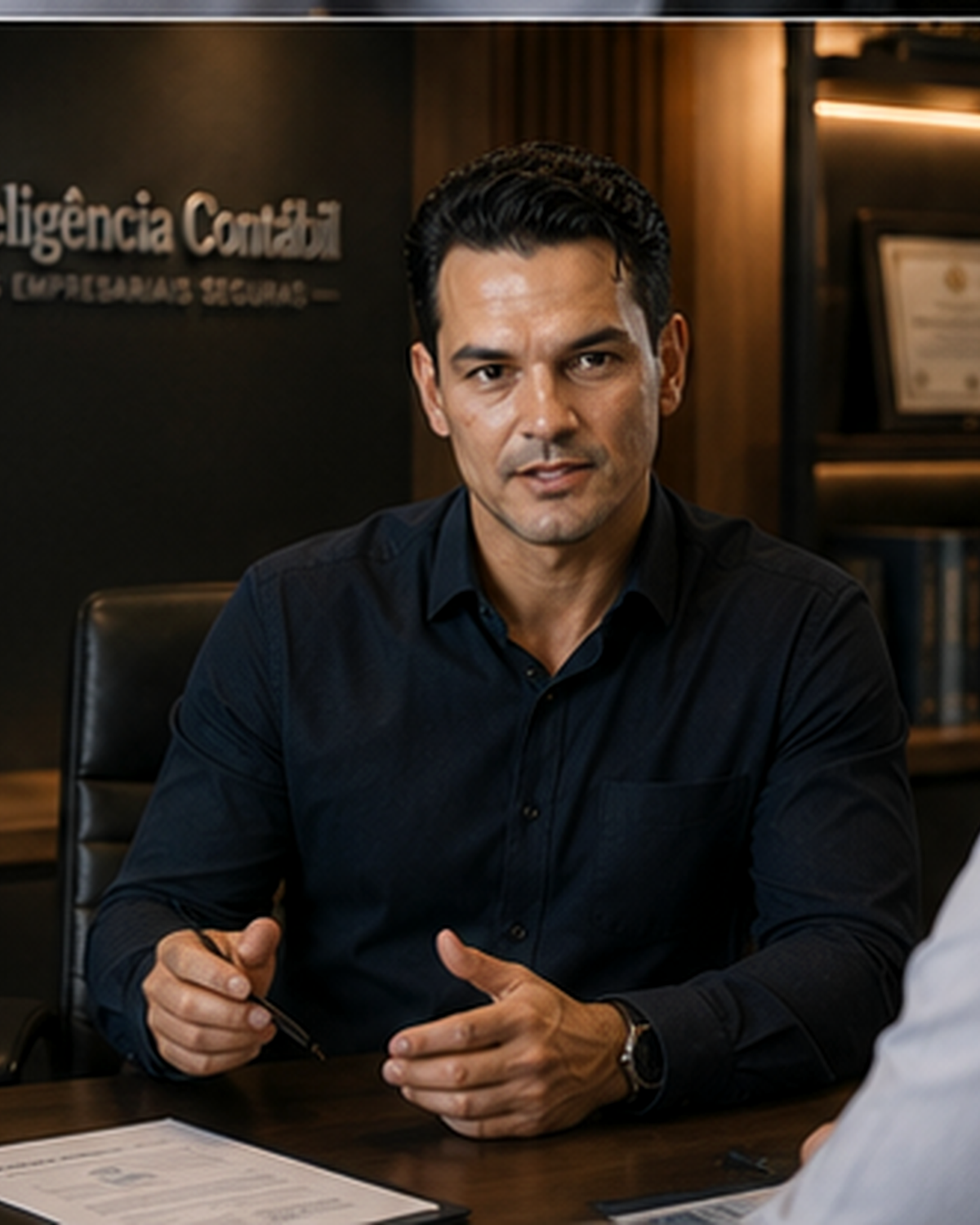 Bruno Antunes Andrade orienta um cliente em escritório de contabilidade.
